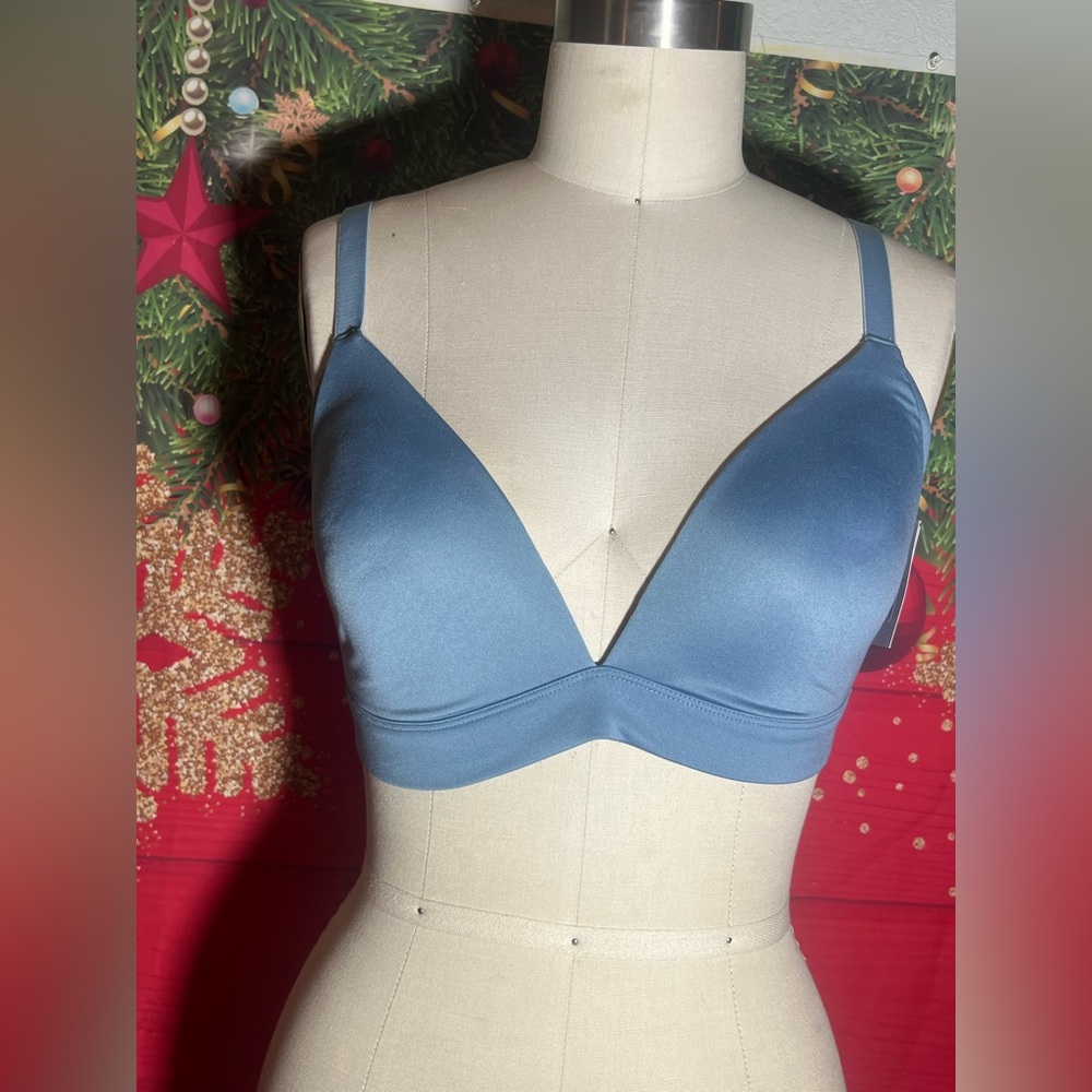 Auden Satin-Look Plunge Bra in Dusty Blue